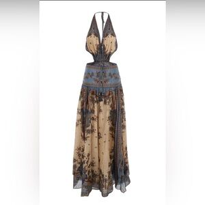 Blue and Cream Tiered Halter Maxi Dress for Wedding Guests